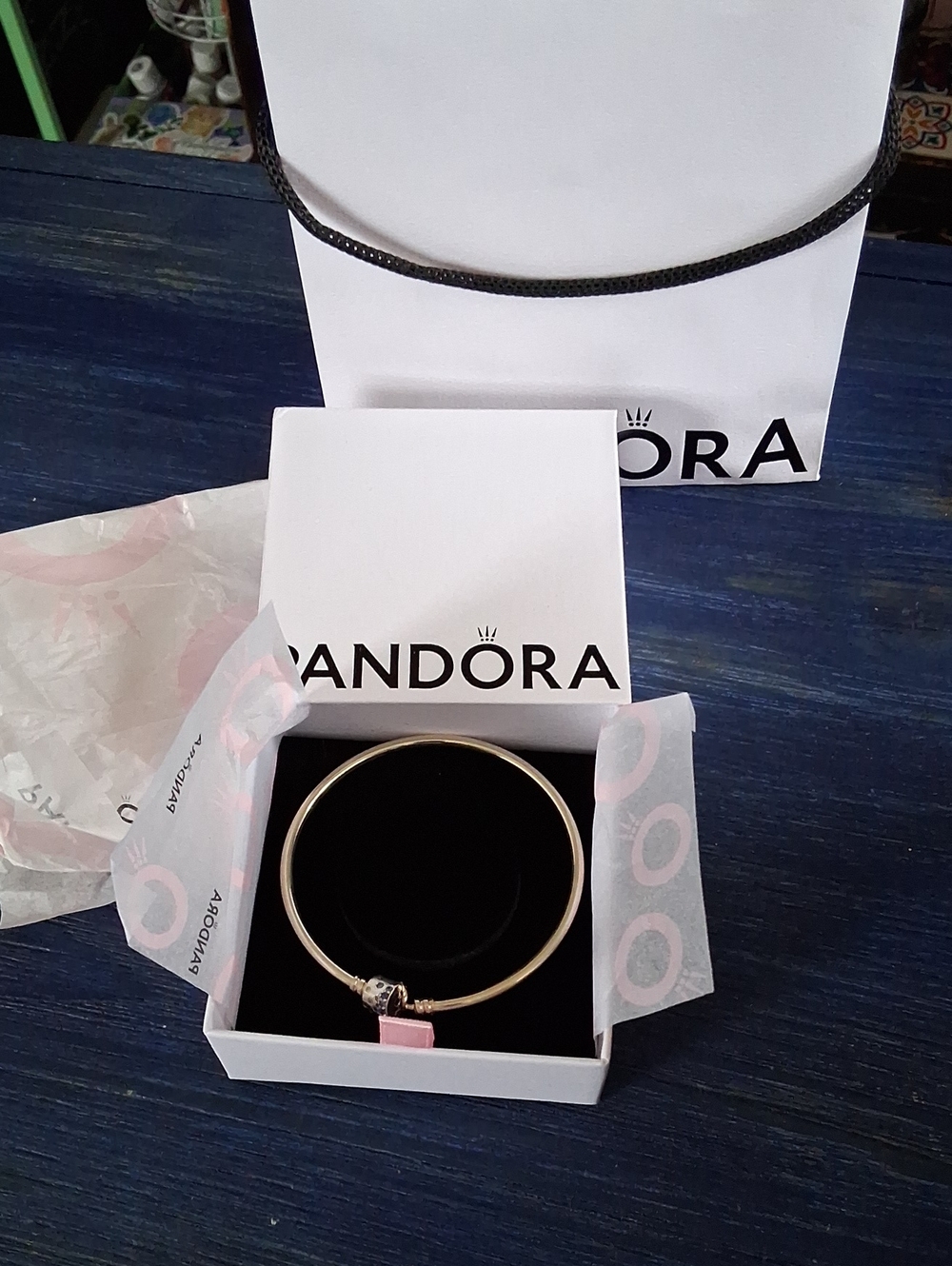 Pandora Silver Tone Bangle Bracelet with Blue Stones on Clasp
